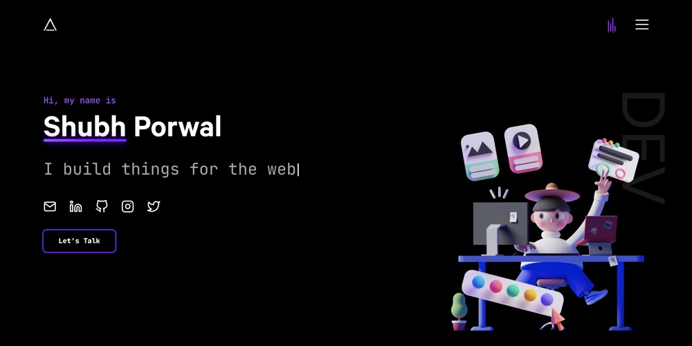 Shubh's portfolio hero: Hi, my name is Shubh Porwal